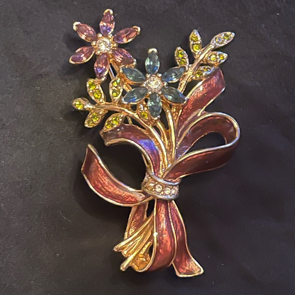 Vintage Monet Gold Brooch with Pink and Blue Floral Bouquet Enamel Design